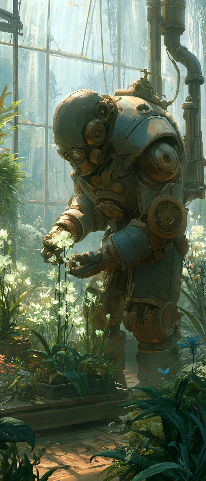 Um autômato steampunk organiza flores bioluminescentes em uma estufa tomada pela vegetação