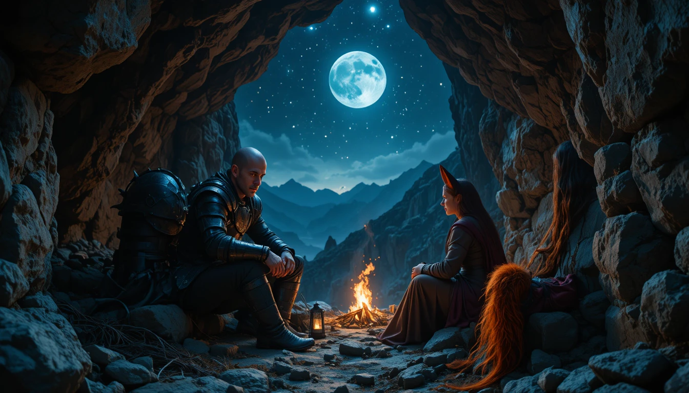 Un guerrier et une mage aux oreilles de renard partagent un abri à flanc de falaise sous les étoiles