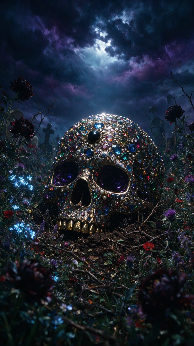 Um crânio adornado com joias, meio enterrado entre flores silvestres num jardim