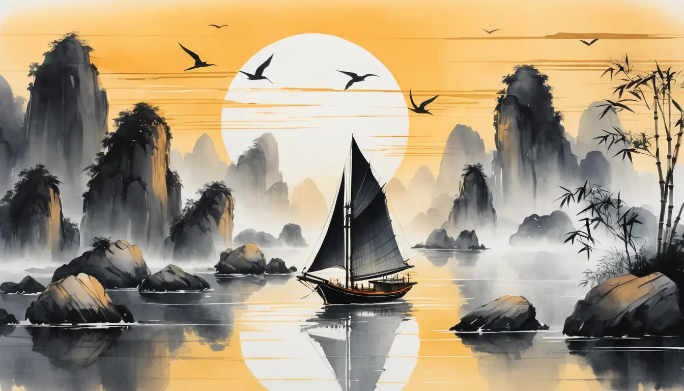 靜謐中國水墨畫景致中的夕陽帆船