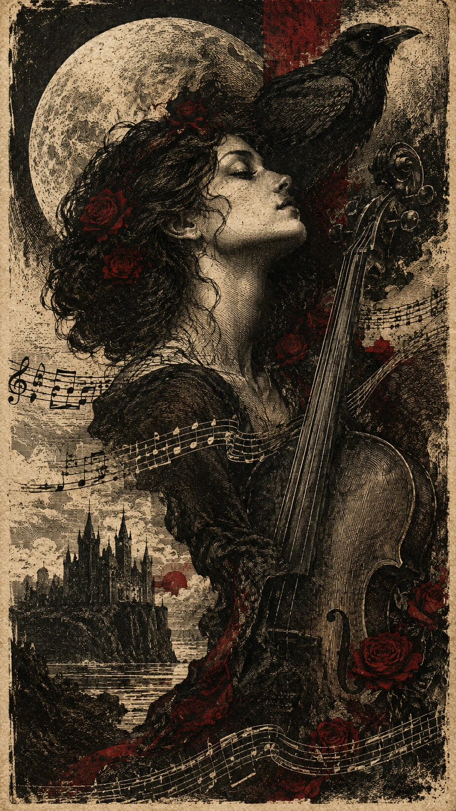 A Dark Etching With Musical Notation and Crimson Accents on Antique Paper