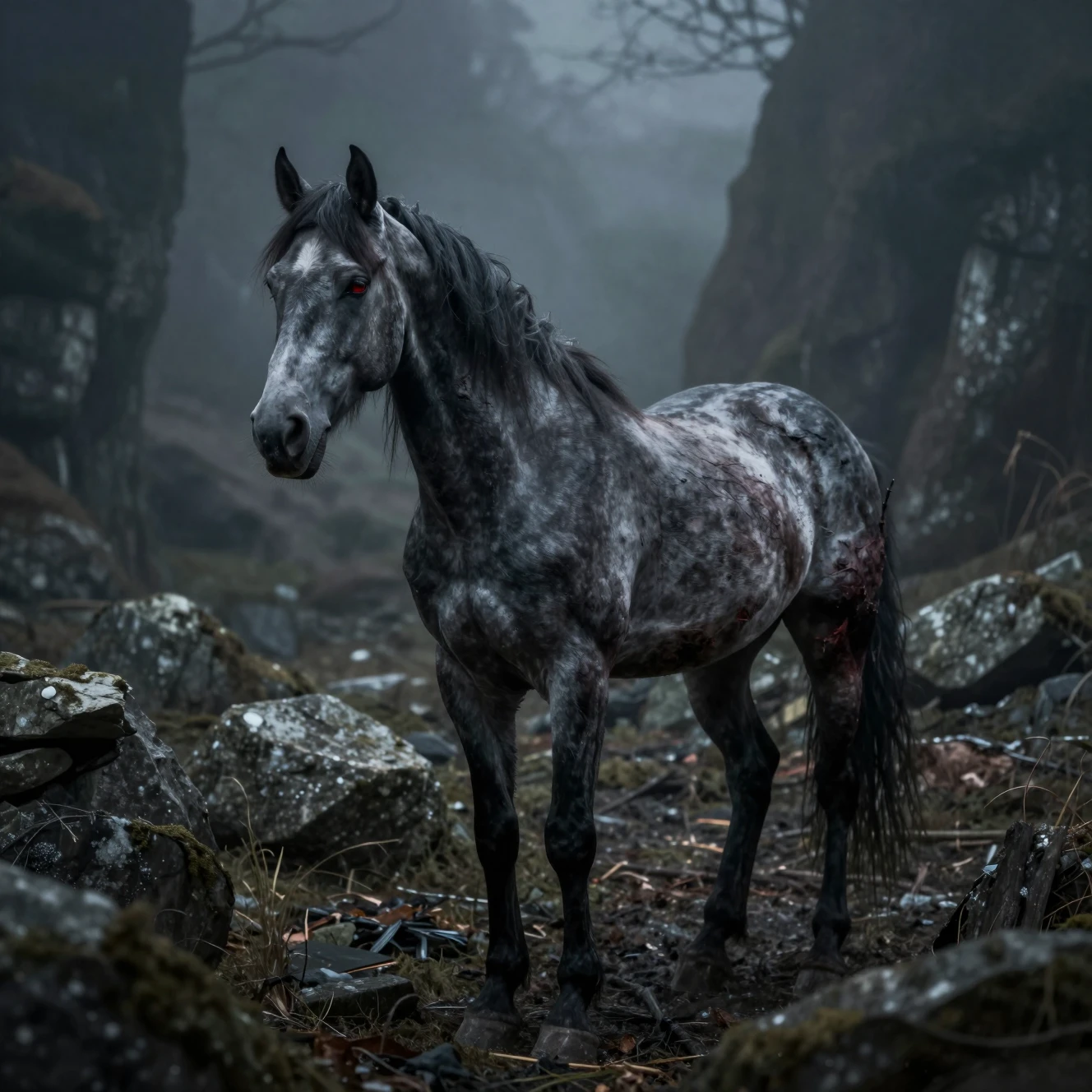 Um cavalo cinzento em decomposição trota por um vale de pedra sob um nevoeiro denso