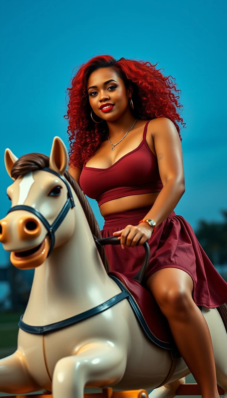 Uma mulher de cabelo cacheado anda em um cavalo de balanço usando top esportivo e saia