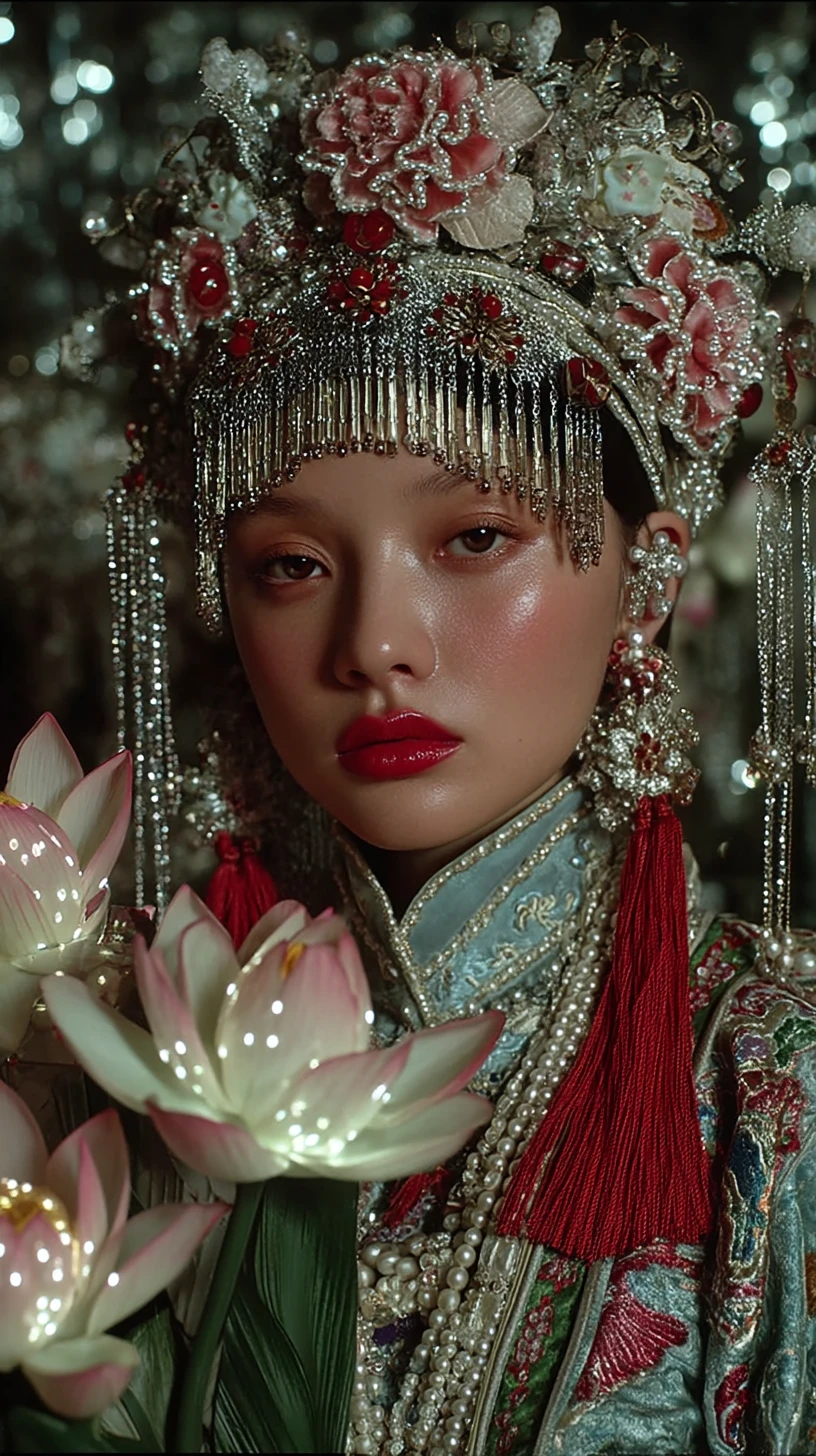 Un'imperatrice Qing con un copricapo floreale e loti luminosi fluttuanti