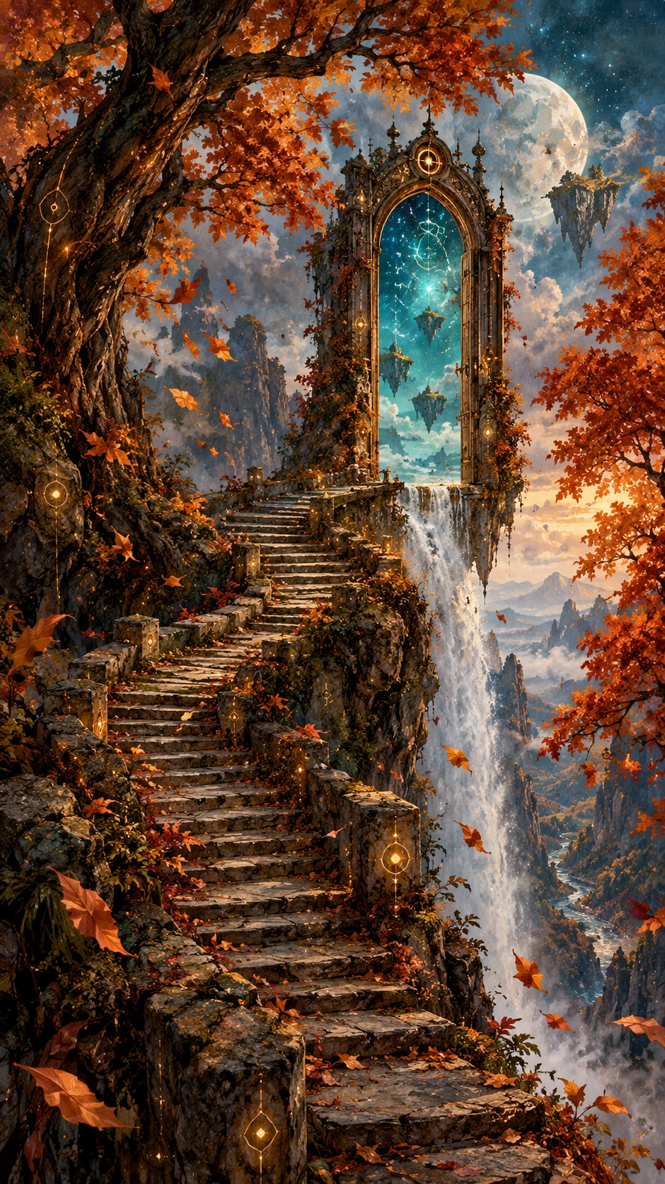 An ancient stone stairway winds through an autumn canyon toward an ornate doorway