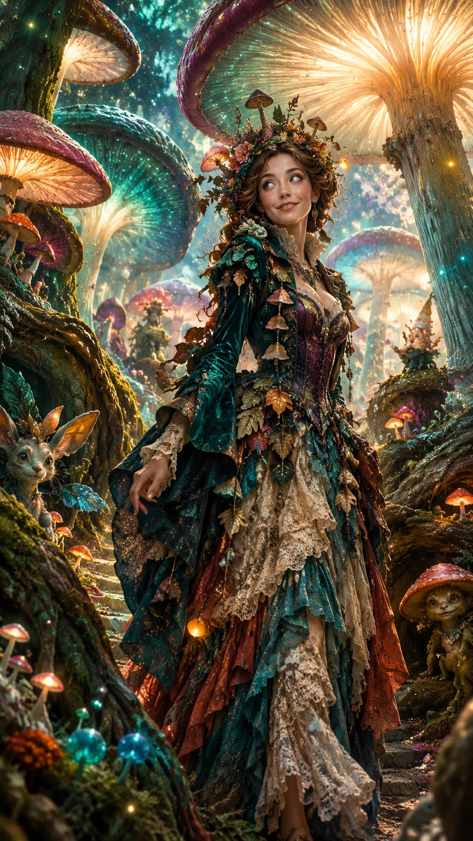 A glamorous woman wanders through an enchanted mushroom forest