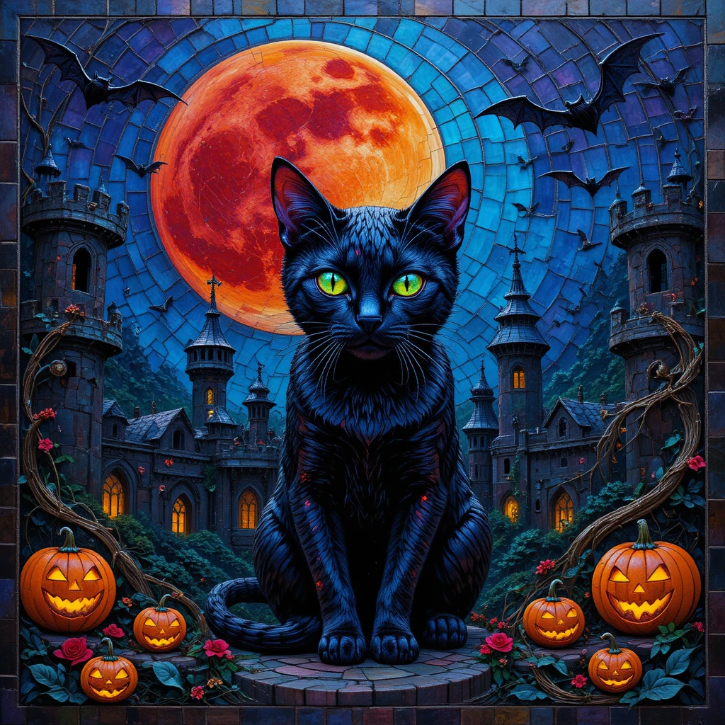 Um gato preto em mosaico observa um castelo assombrado sob uma lua de sangue