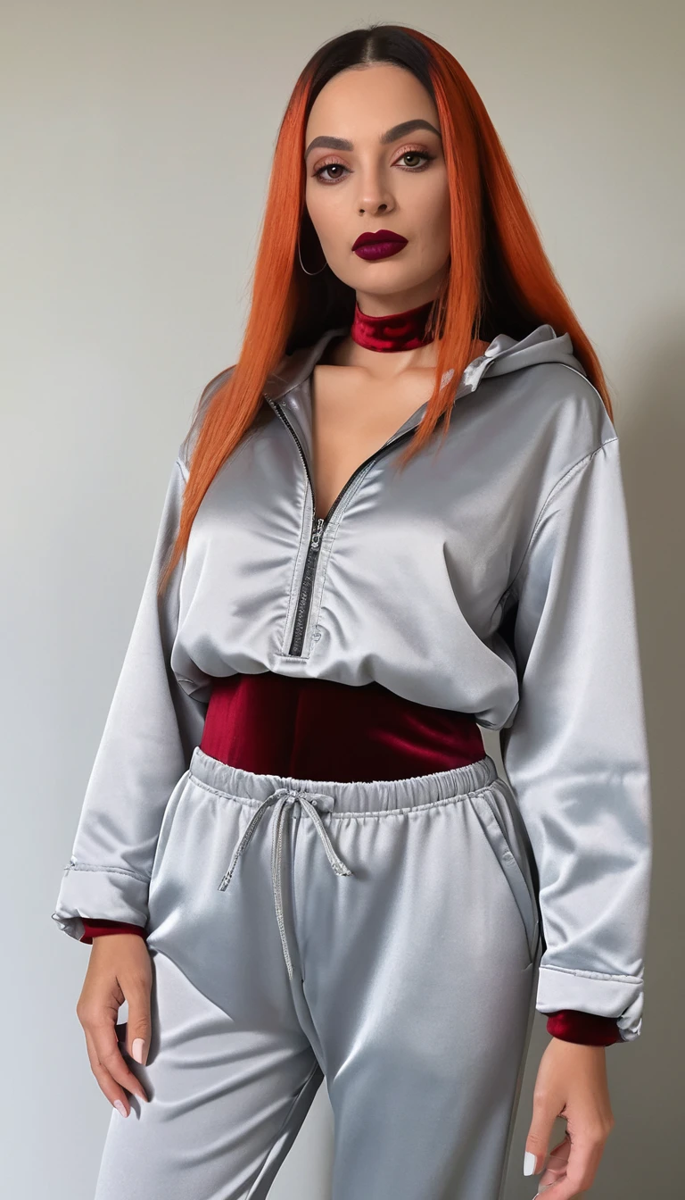 Uma mulher usando um anoraque com capuz e calças compridas de pijama
