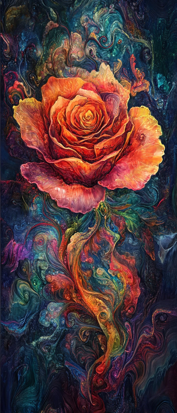 Schallwellen erblühen zu einer surrealen Rose aus leuchtenden Blütenmustern