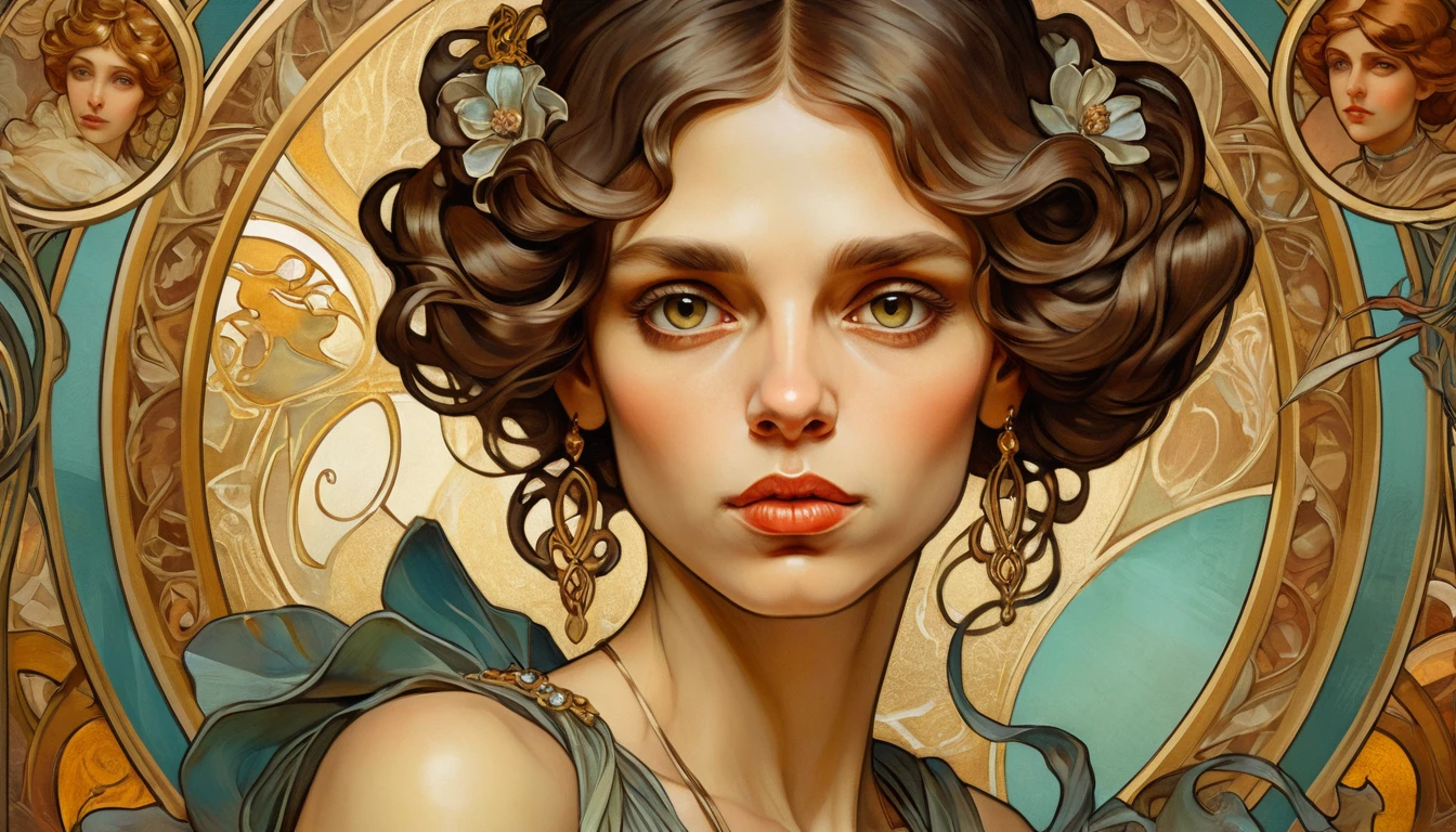 Um retrato art nouveau de uma mulher com pele dourada e olhar severo