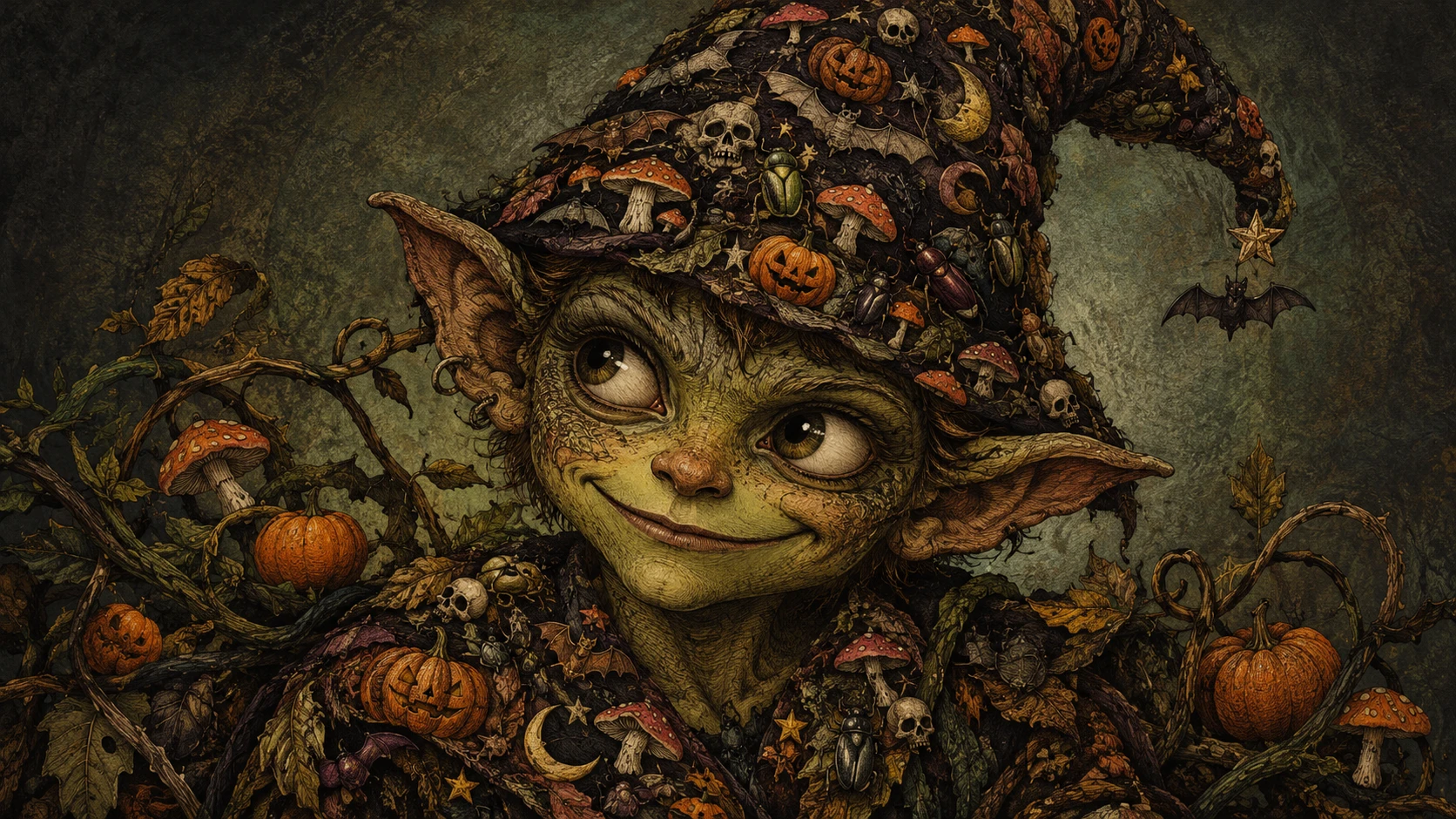 Retrato de um goblin travesso emoldurado por trepadeiras e miniabóboras