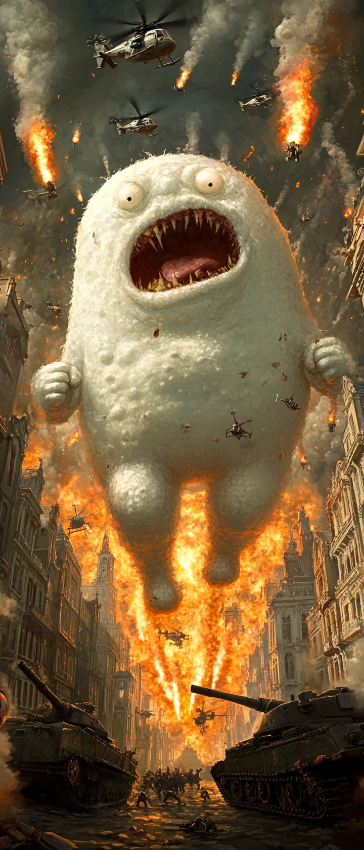 Um colossal monstro de marshmallow lança fogo sobre uma minúscula metrópole