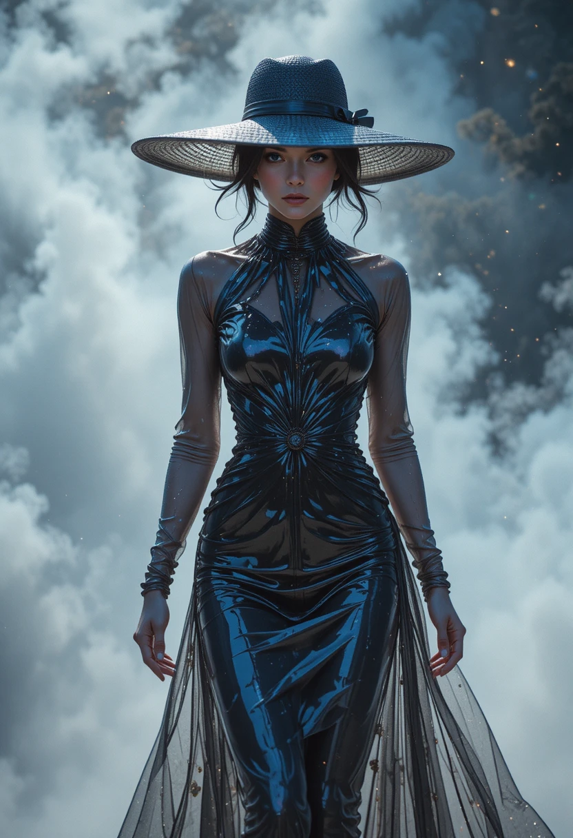 Uma mulher com um vestido de gel líquido caminha por uma névoa de minúsculos blocos