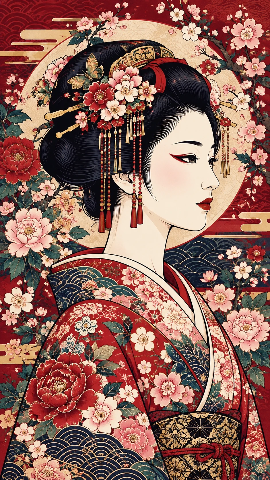 Portrait d’une geisha japonaise en kimono fleuri avec de délicats ornements pour les cheveux