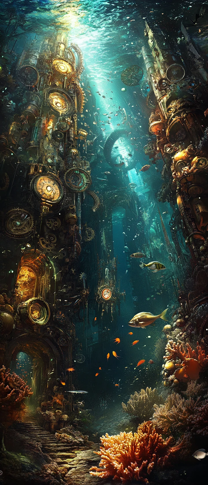 Uma sereia steampunk explora uma cidade de coral luminosa sob o mar