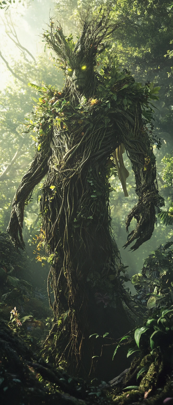 A towering earth god formed from branches amid tropical growth