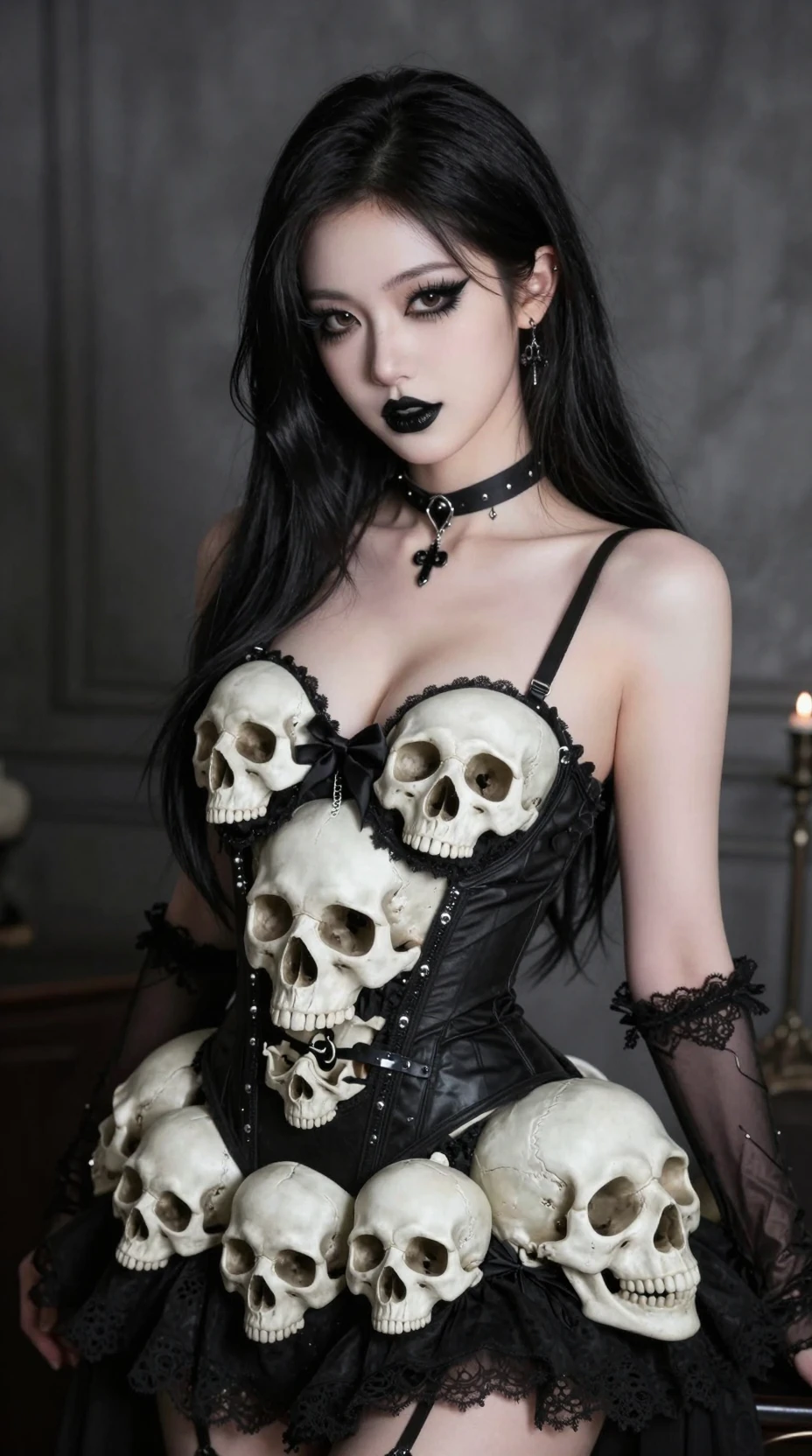 Una ragazza gotica fa cosplay di Witchblade con un abito fatto di teschi