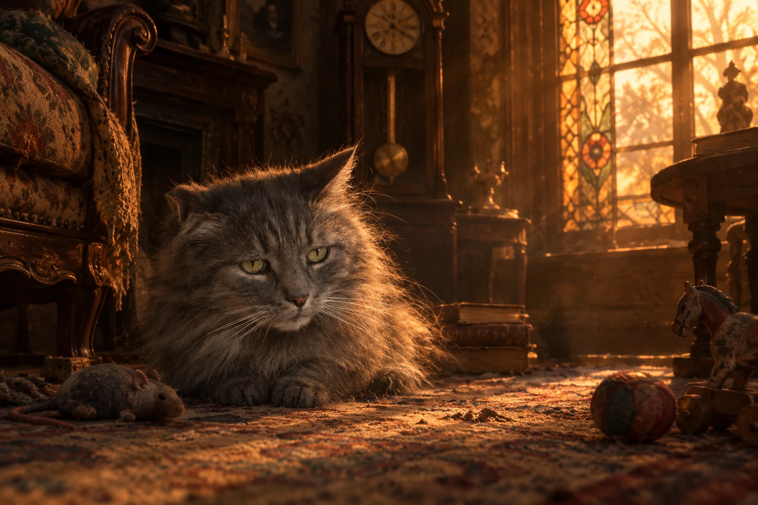 Un gatito tímido se instala en una sala de estar victoriana con poca luz