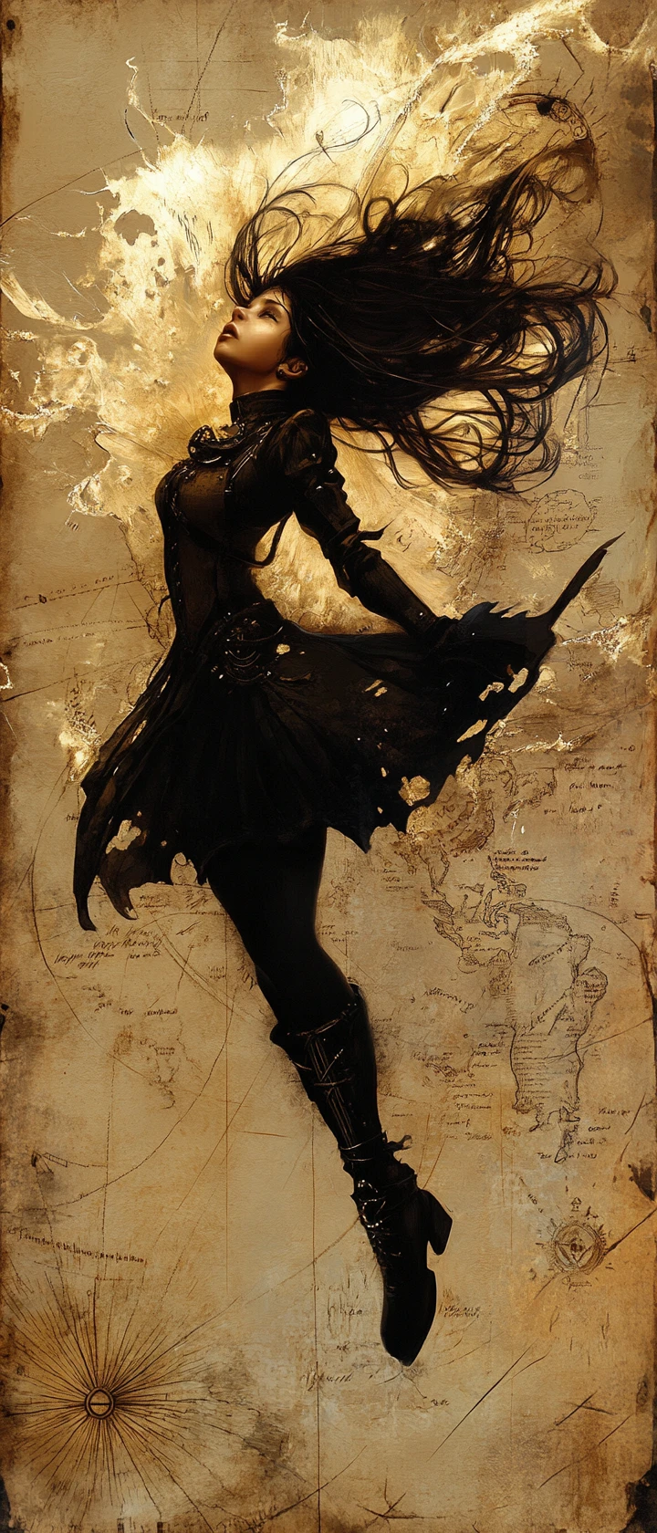 Una ragazza steampunk irrompe da un'antica mappa ingiallita