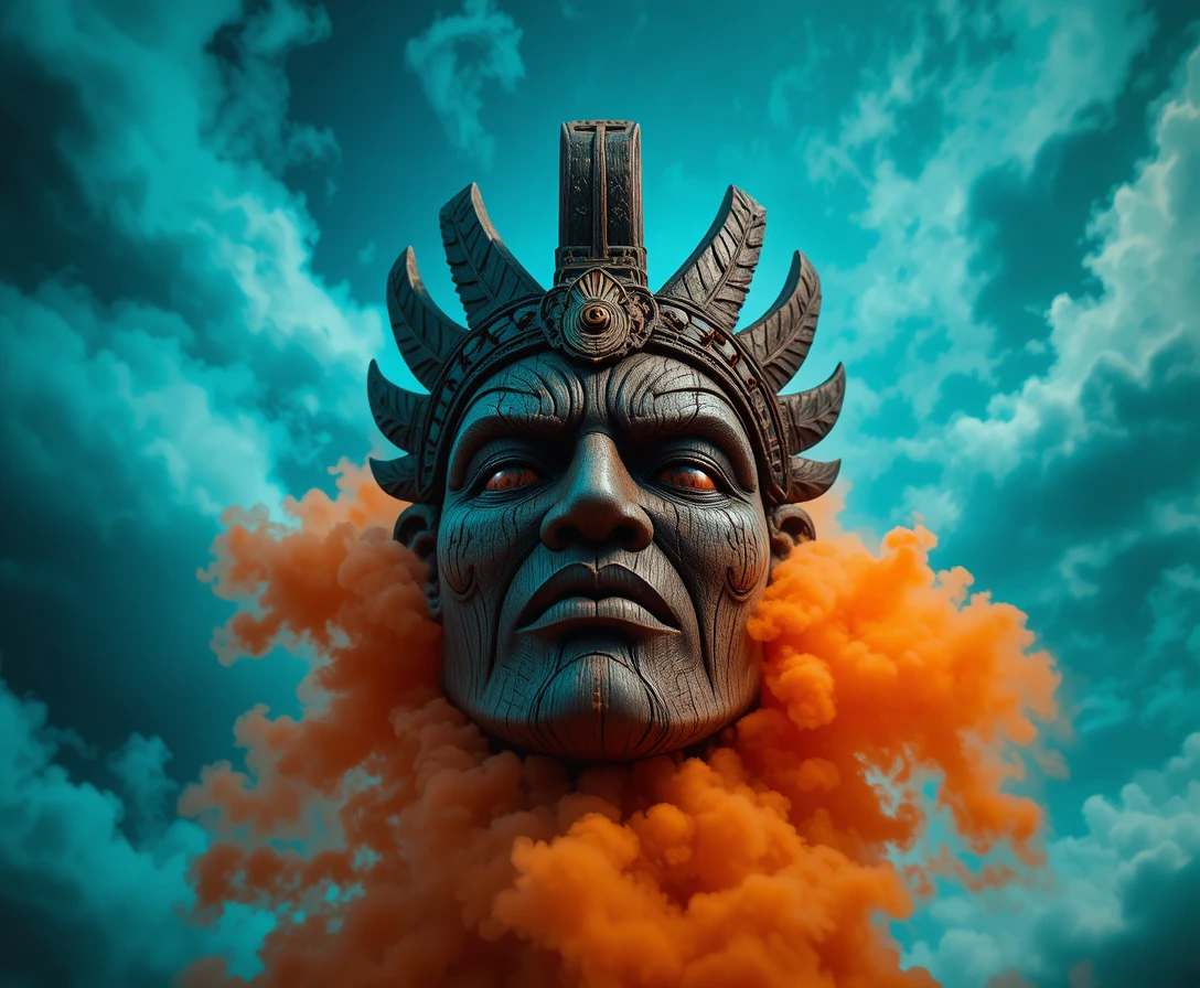 Ancient wooden tribal mask against turquoise clouds and fiery mist