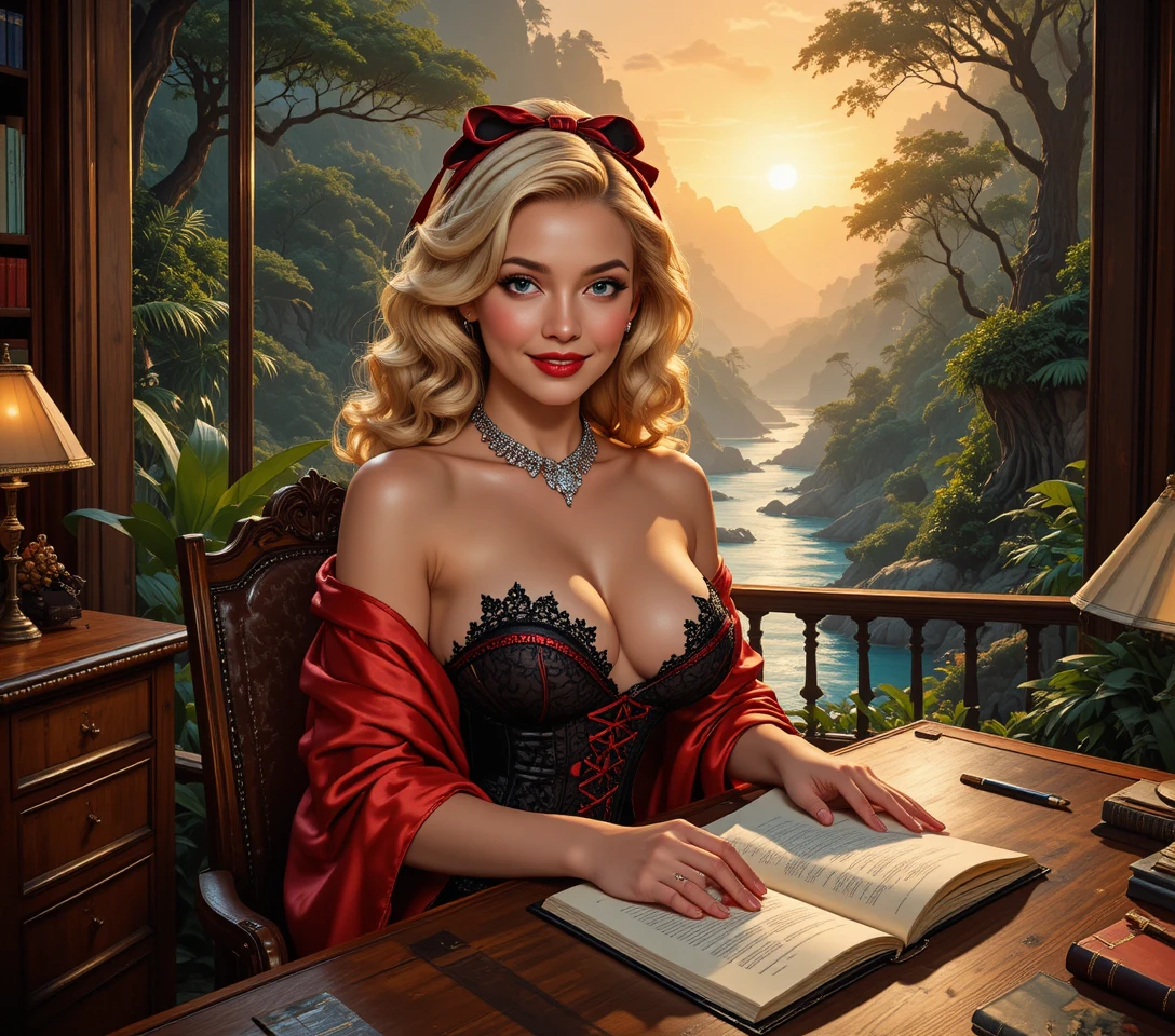 Uma mulher glamorosa com um robe vermelho sentada a uma secretária antiga
