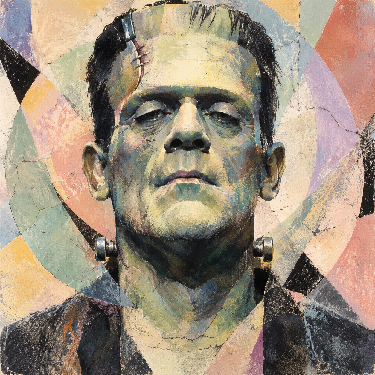 Retrato de busto de Frankenstein num campo abstrato de formas geométricas em tons pastel