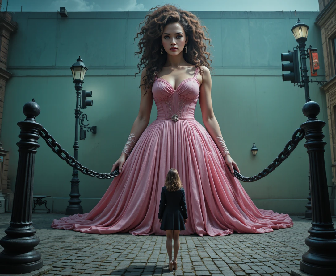 Uma mulher gigante se ergue sobre uma mulher em miniatura em uma rua de paralelepípedos