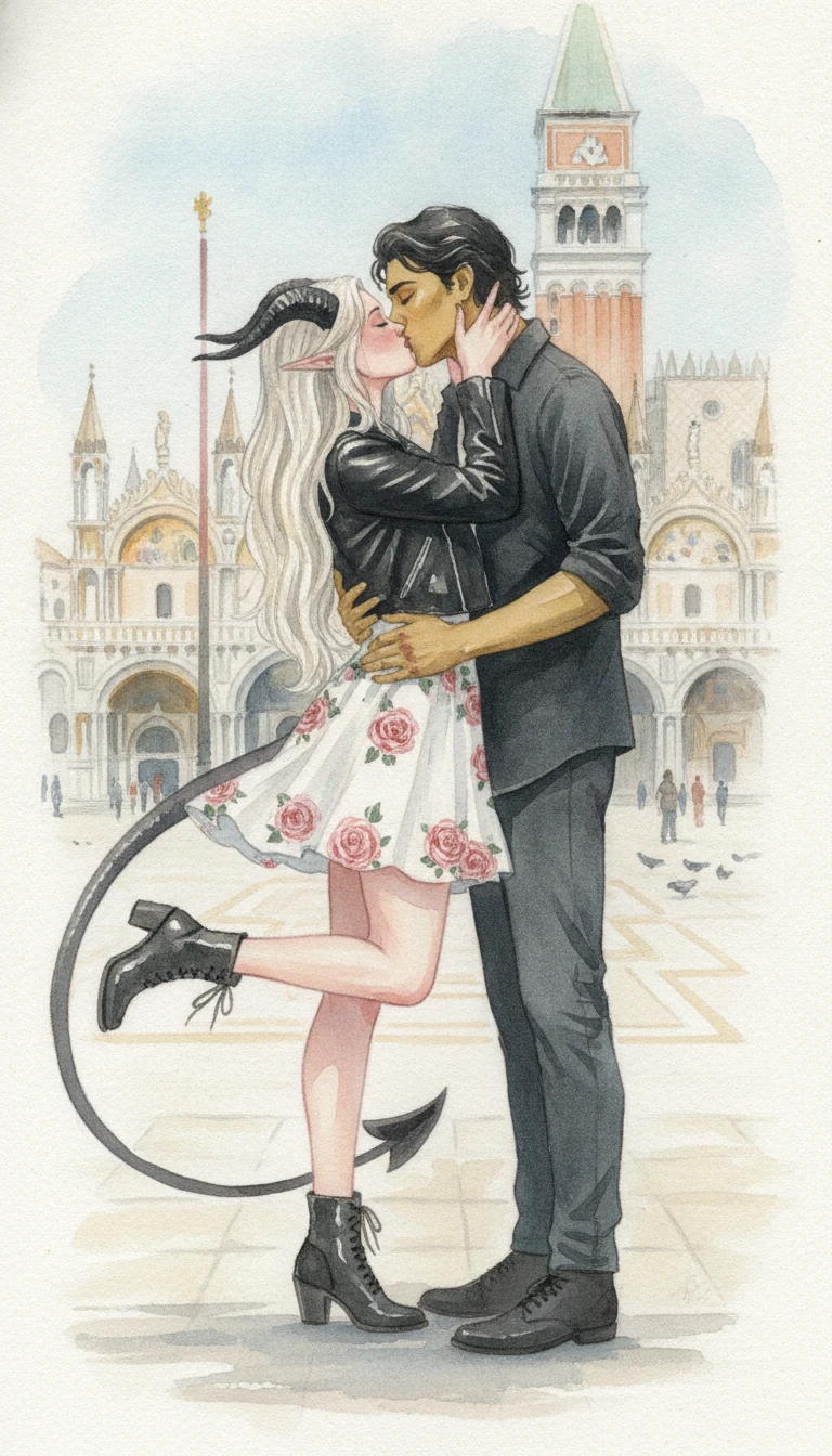 Uma mulher tiefling beija o seu parceiro na Praça de São Marcos, em Veneza