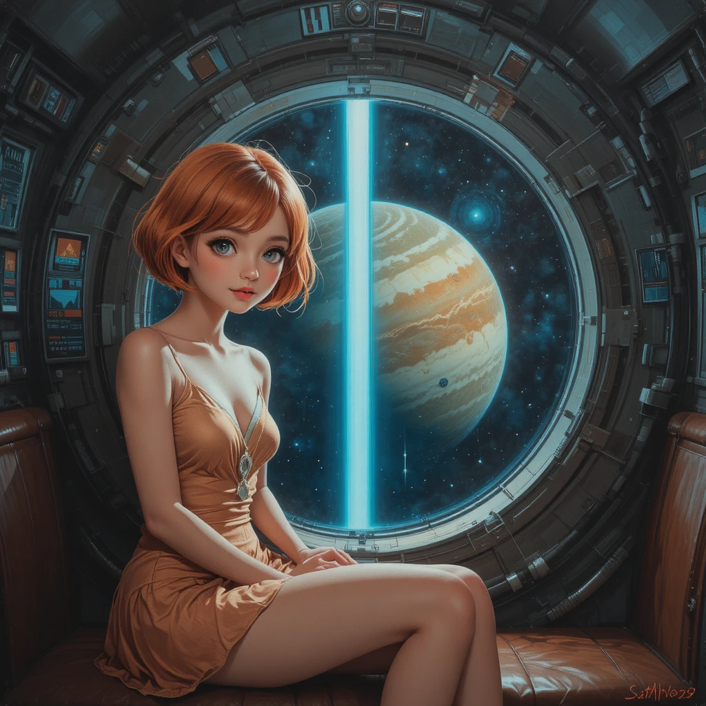 Uma jovem sentada sob um feixe de luz na cabine de uma nave espacial