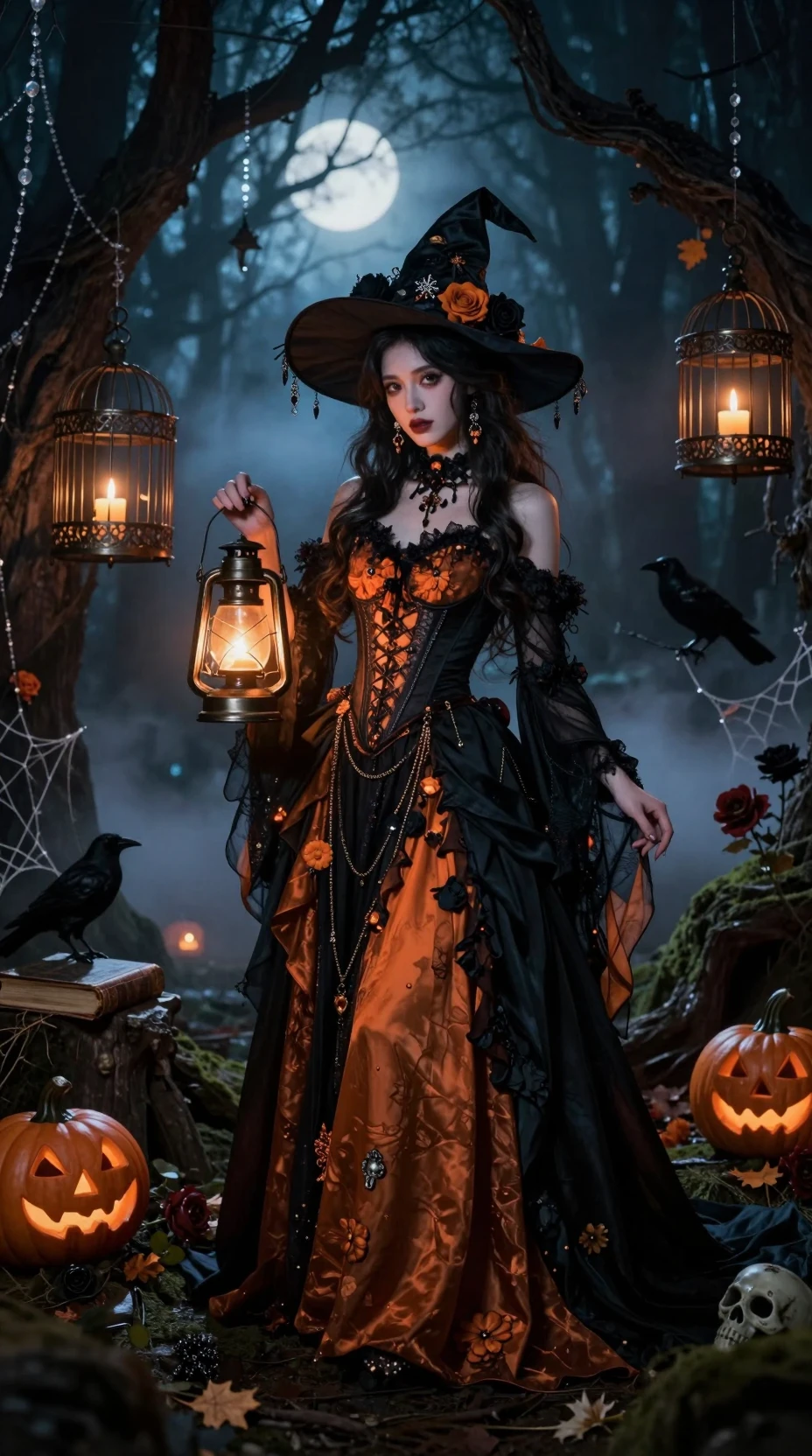 Eine Frau im Hexenkleid hält eine Laterne in einem mondbeschienenen Wald