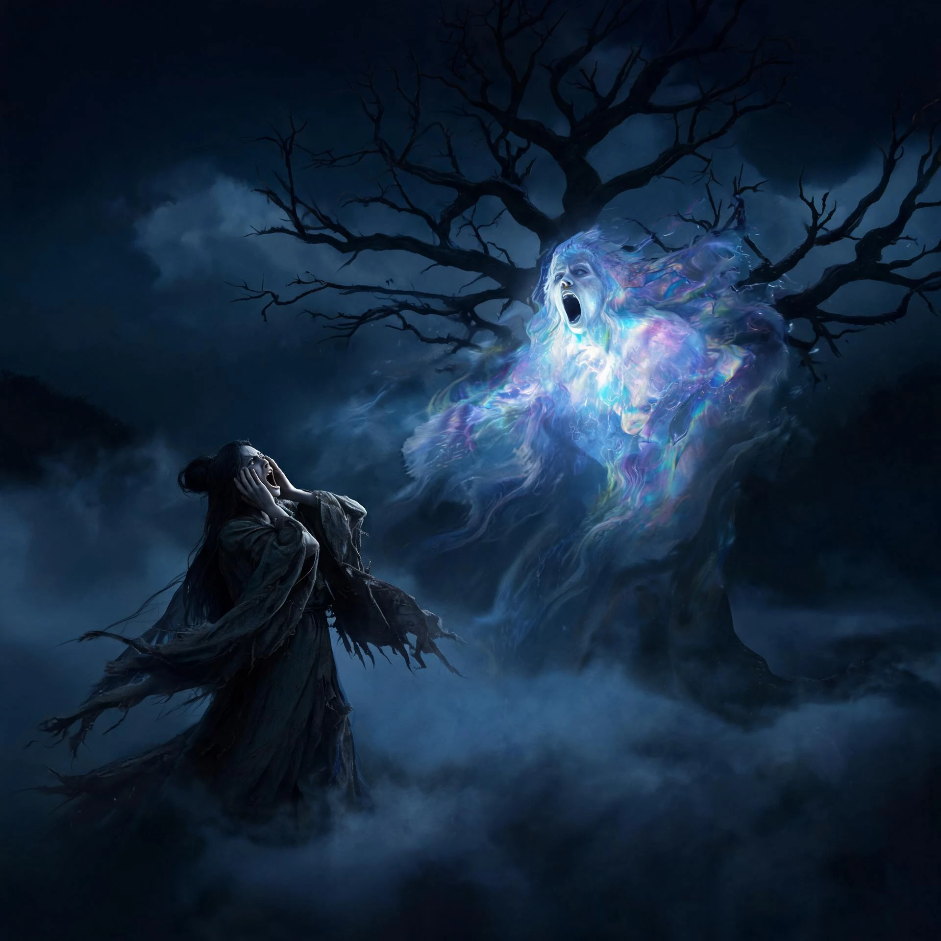 A screaming banshee rises from mist beneath a twisted tree