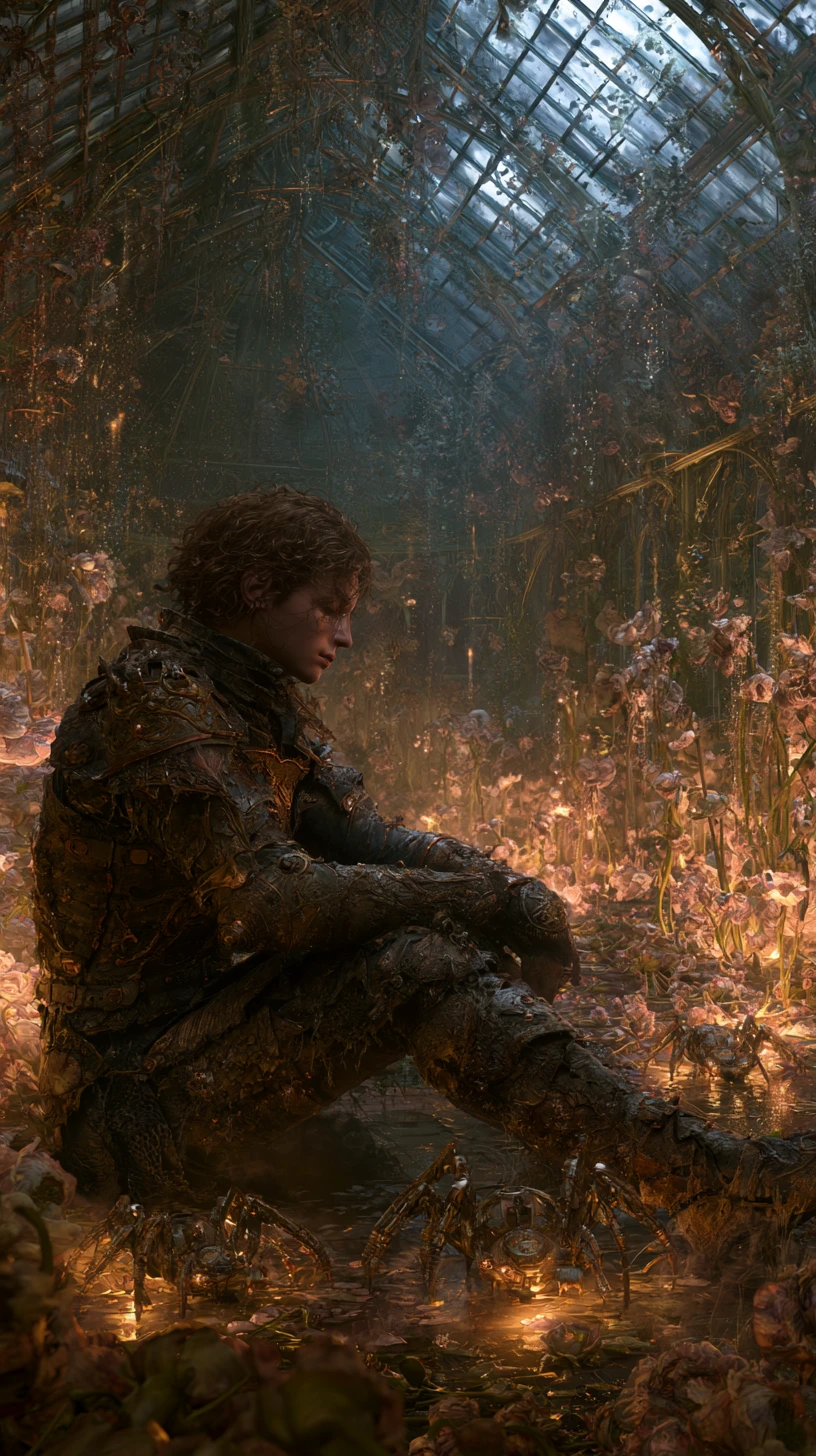 A melancholic warrior sits alone inside a dilapidated greenhouse