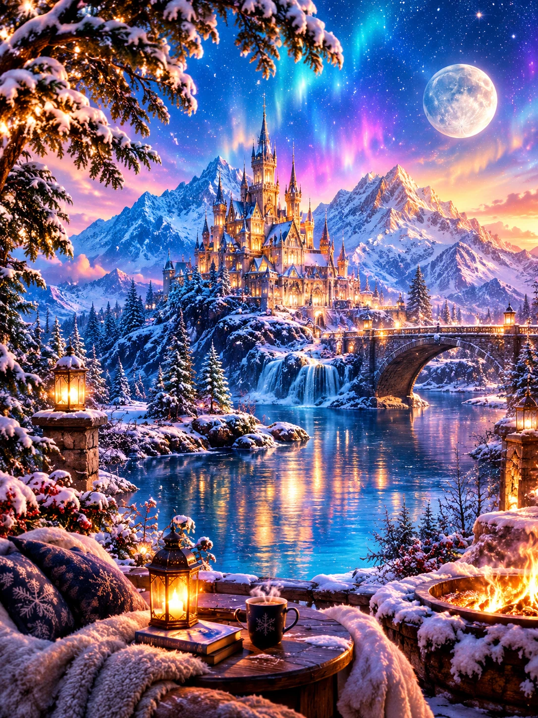 A Dreamlike Winter Landscape Bathed In Iridescent Bioluminescent Light