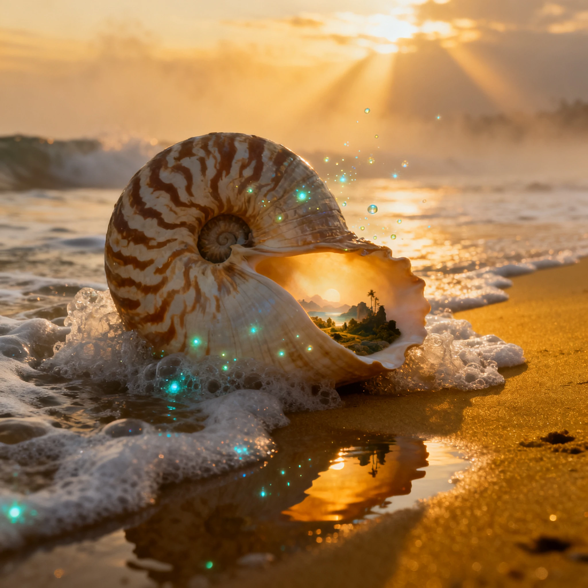 Un'enorme conchiglia di nautilus riposa sulla sabbia tra la schiuma del mare