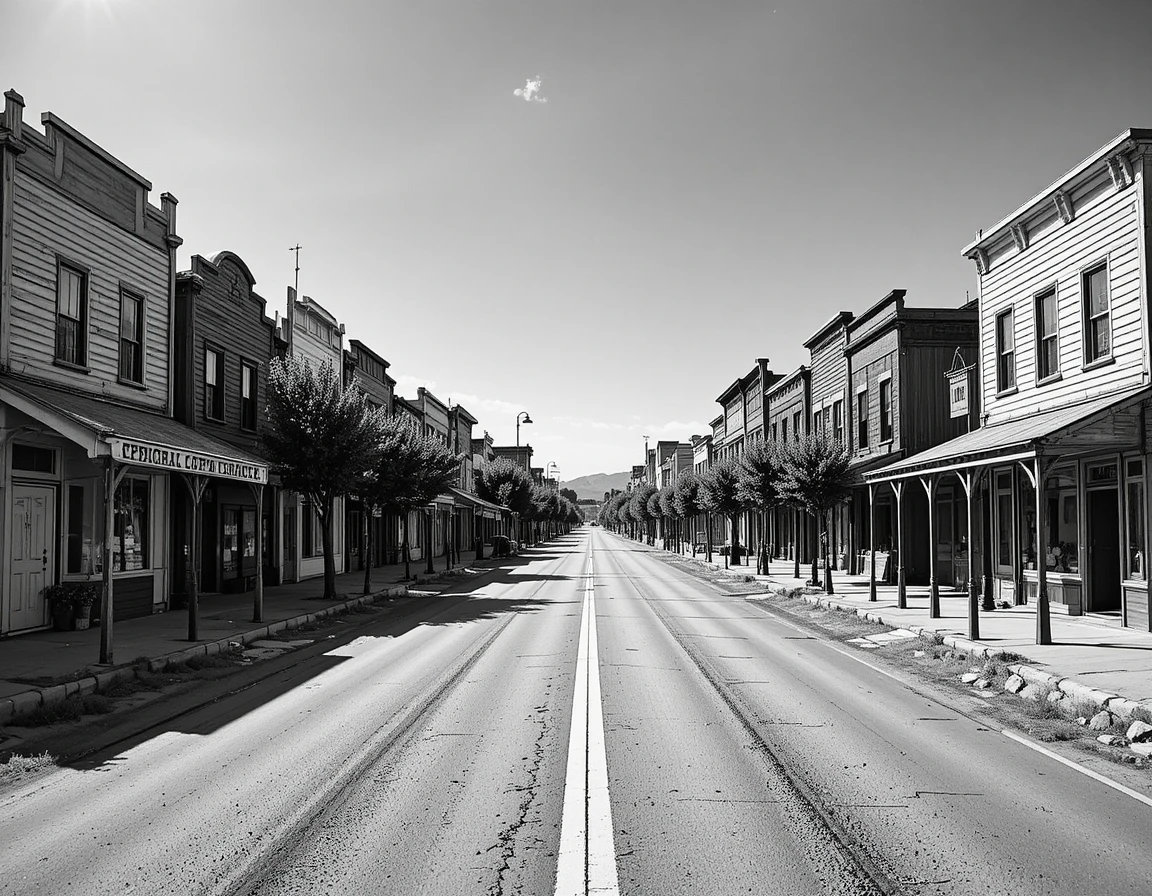 Una tranquila calle de un pueblo del Oeste, flanqueada por históricas fachadas de madera