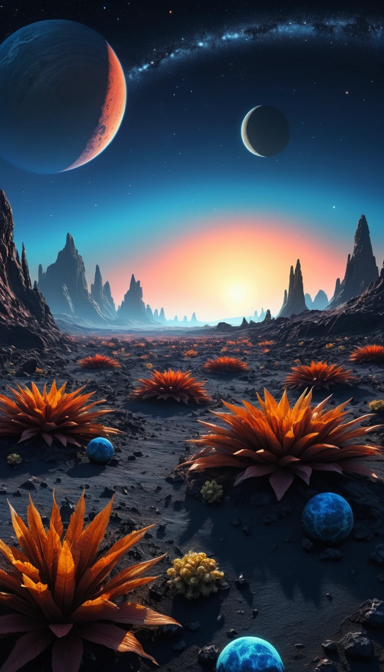 Plantas extrañas se vuelven hacia un amanecer azul en un planeta alienígena