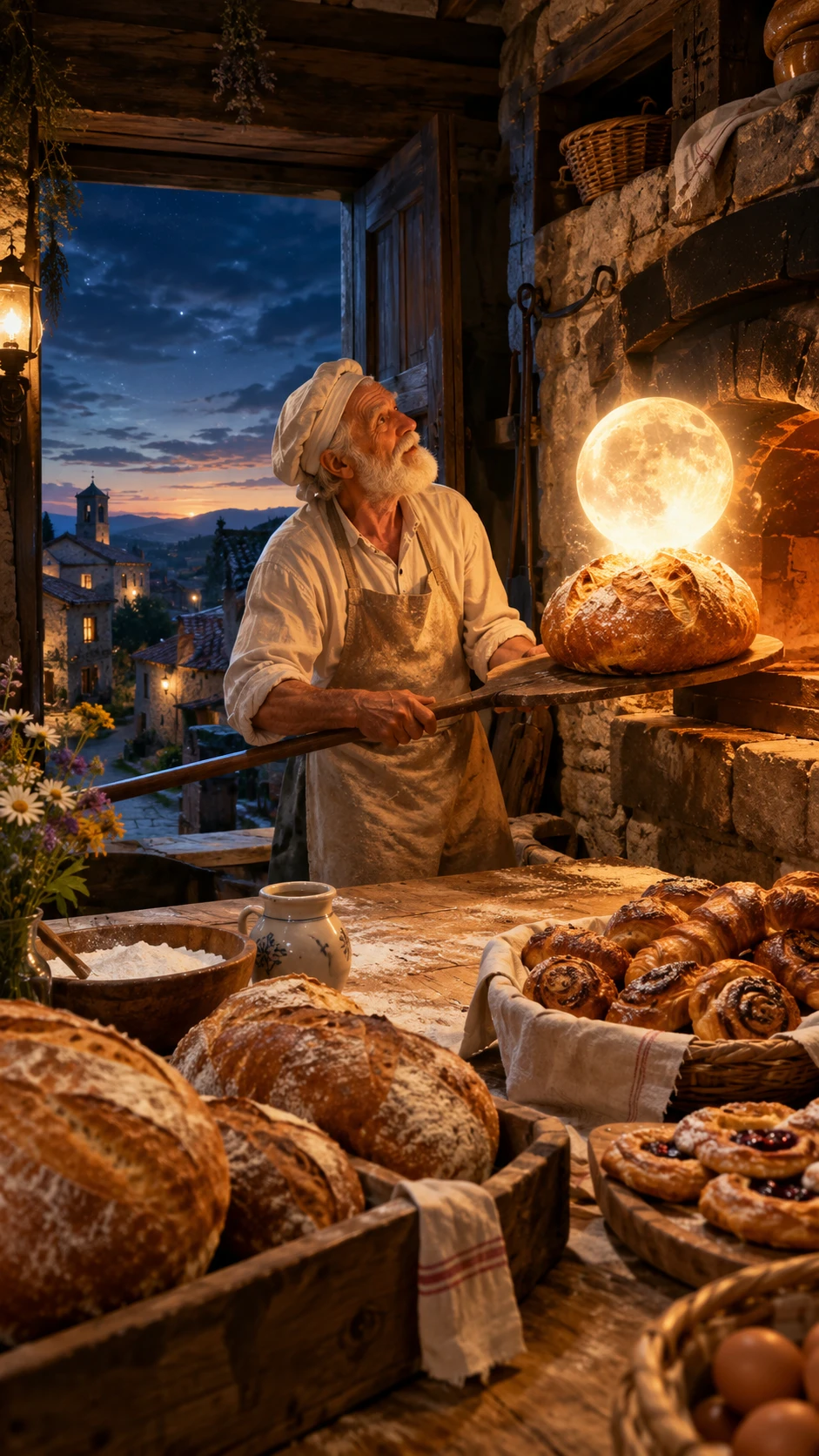 Ein älterer Bäcker holt einen goldenen Brotlaib heraus, während der Mond aufgeht