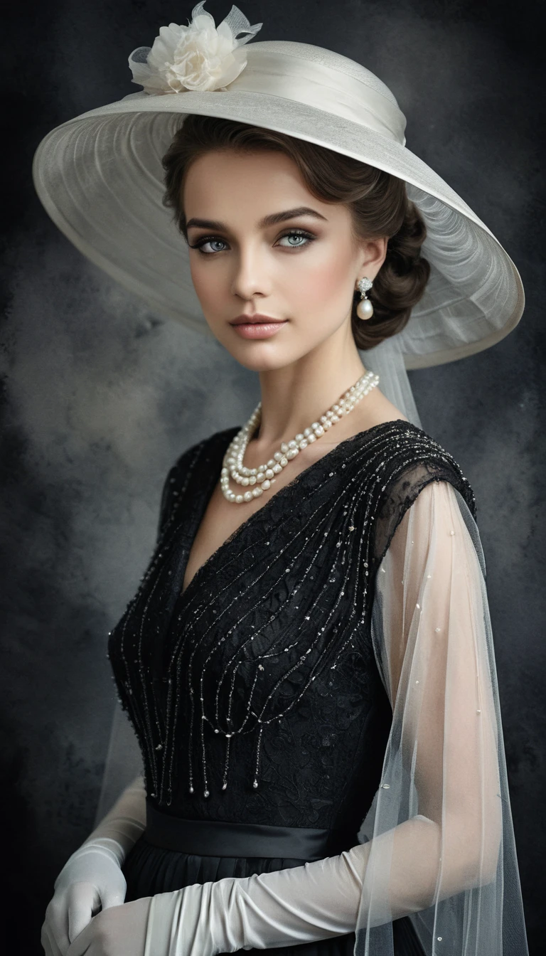 Mulher em estilo vintage posa com pérolas sob um chapéu de aba larga com véu