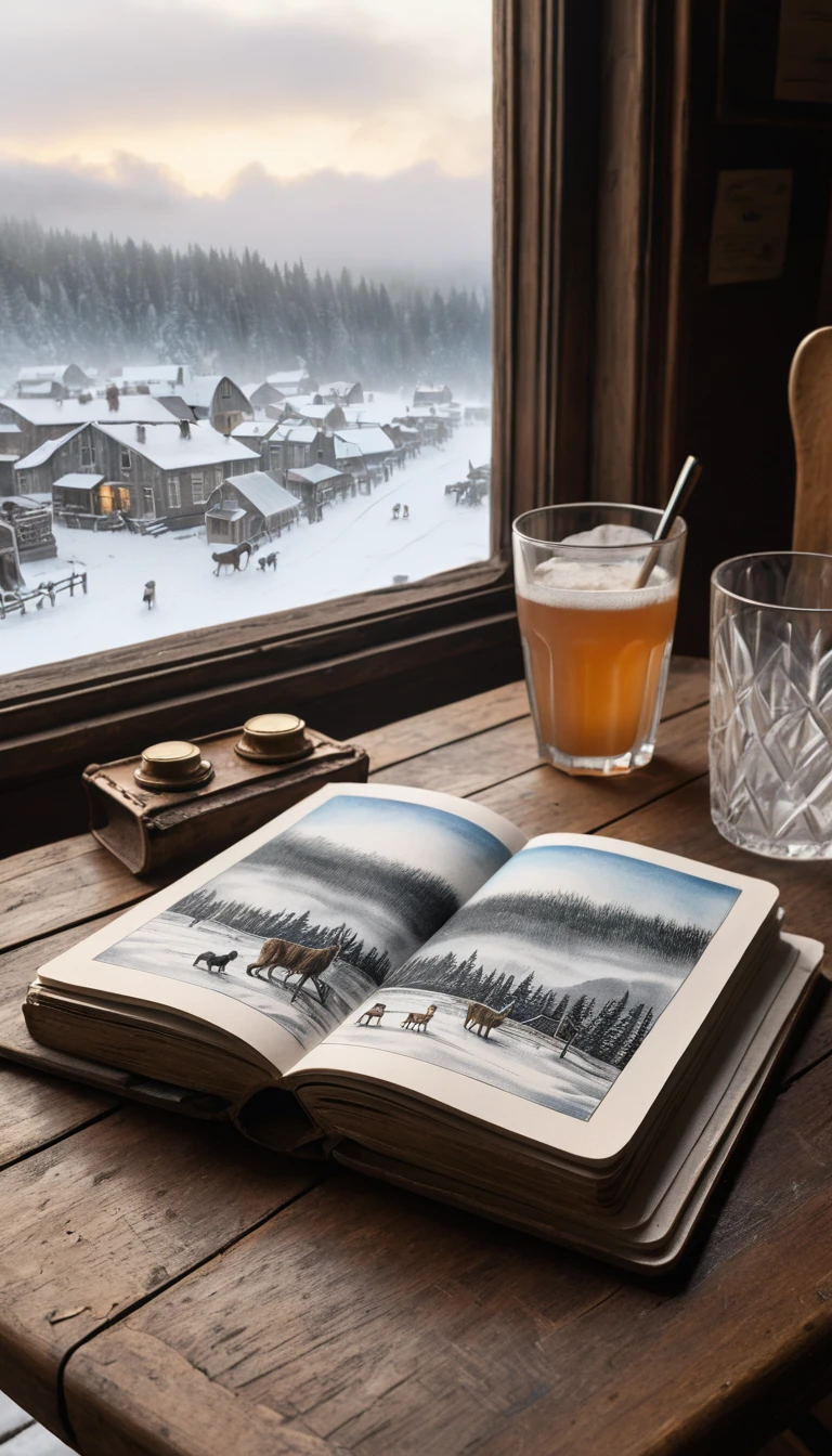 素描本展現出古董咖啡桌上的立體雪橇犬景觀