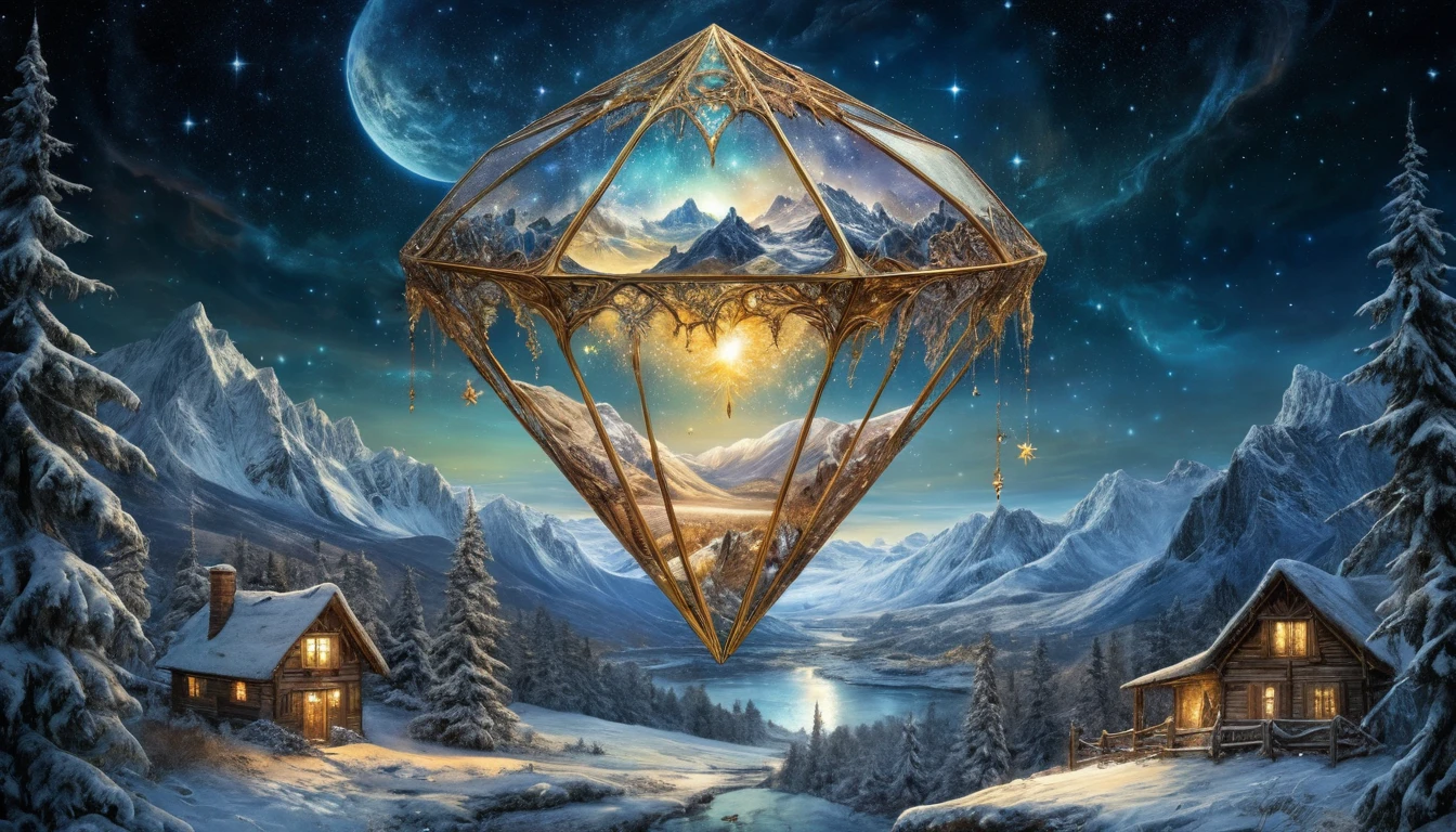 A starlit winter landscape pouring from a large golden diamond