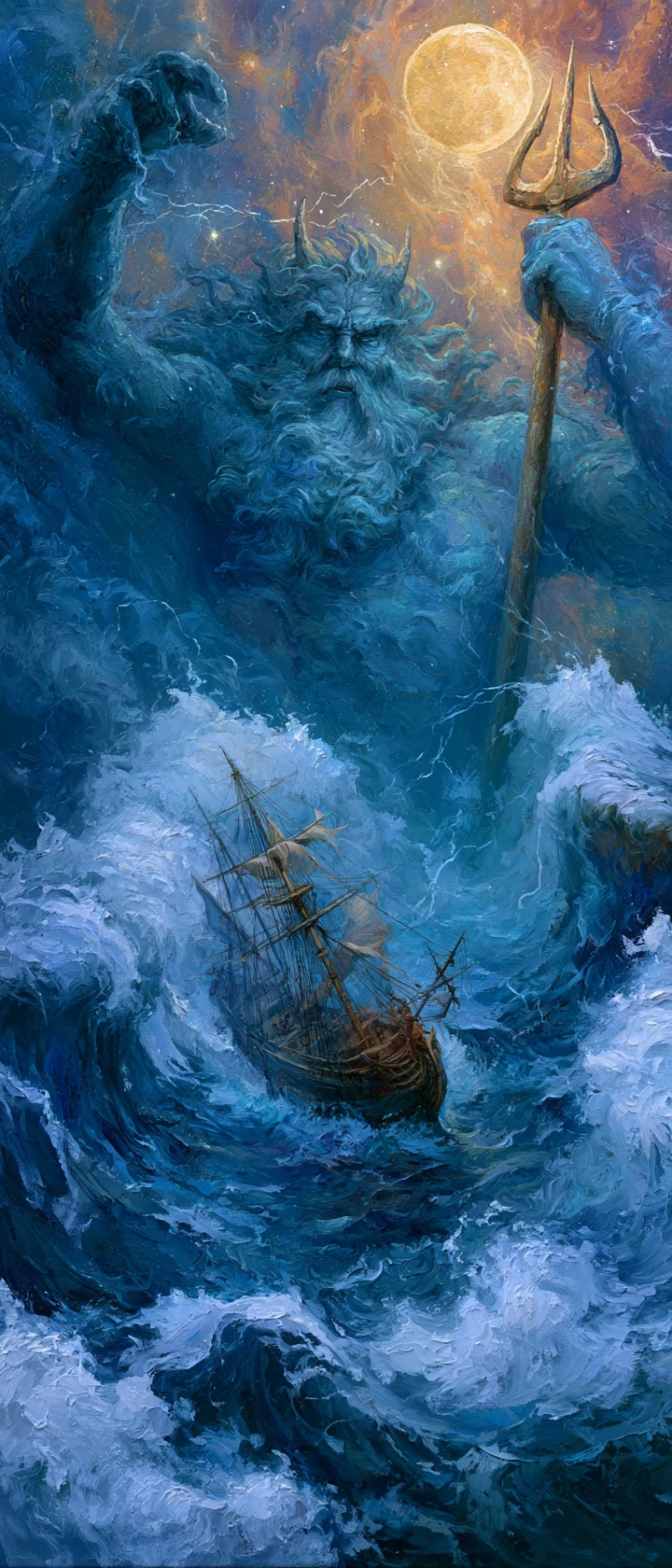 Poseidon se ergue sobre um navio em meio a ondas tempestuosas gigantescas