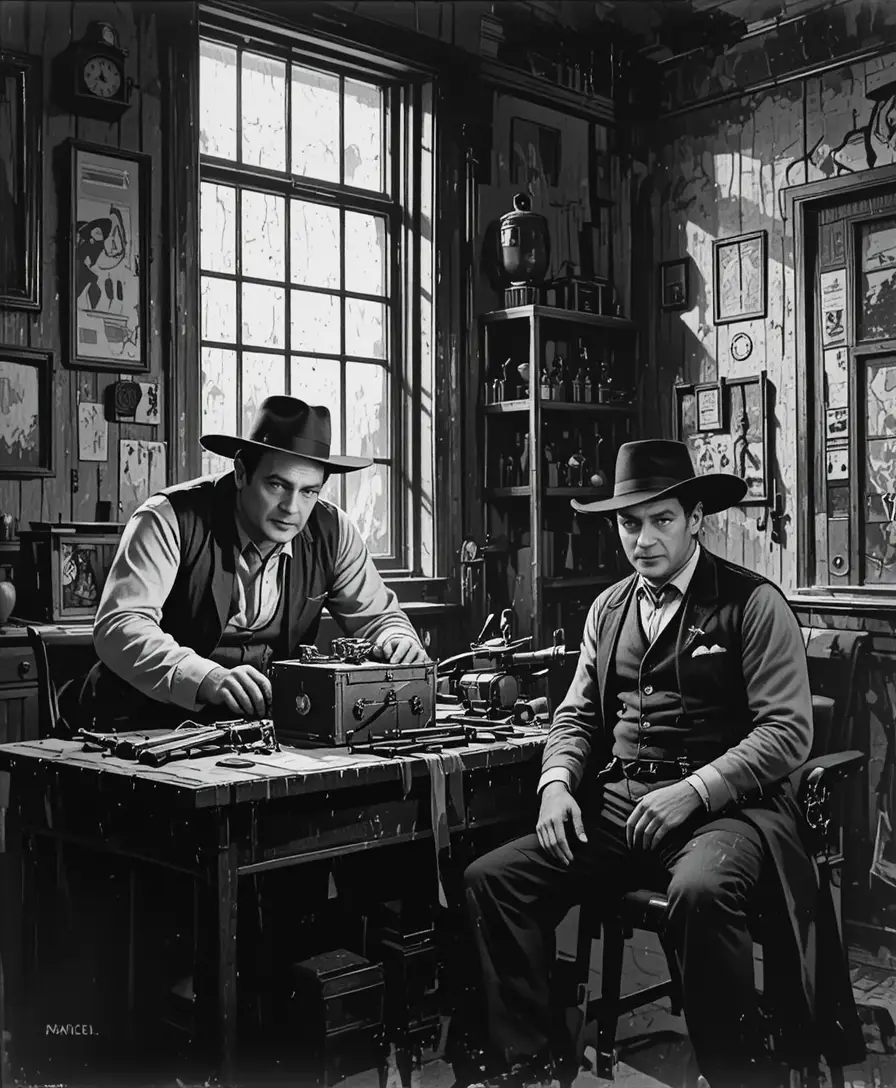 A man examines a box inside a tense western office