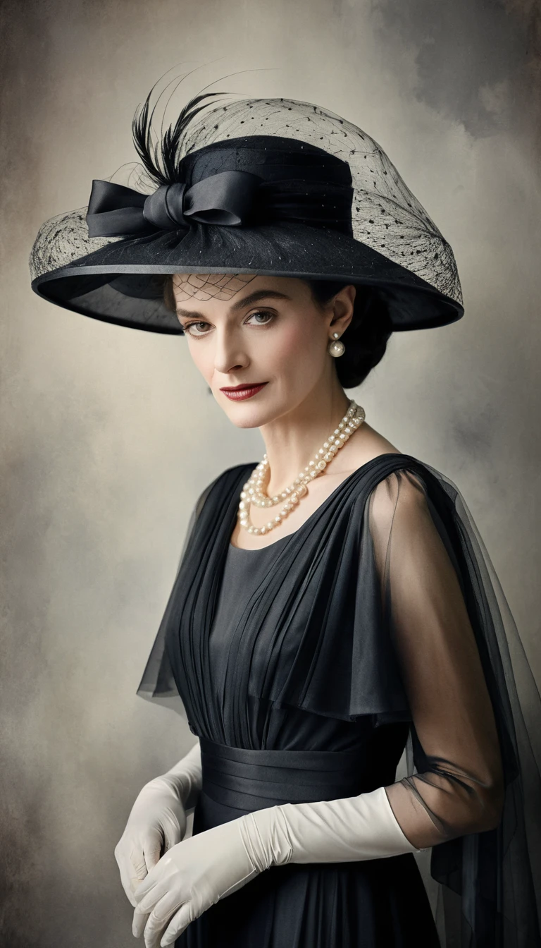 Um retrato monocromático de Coco Chanel com pérolas e um chapéu com véu