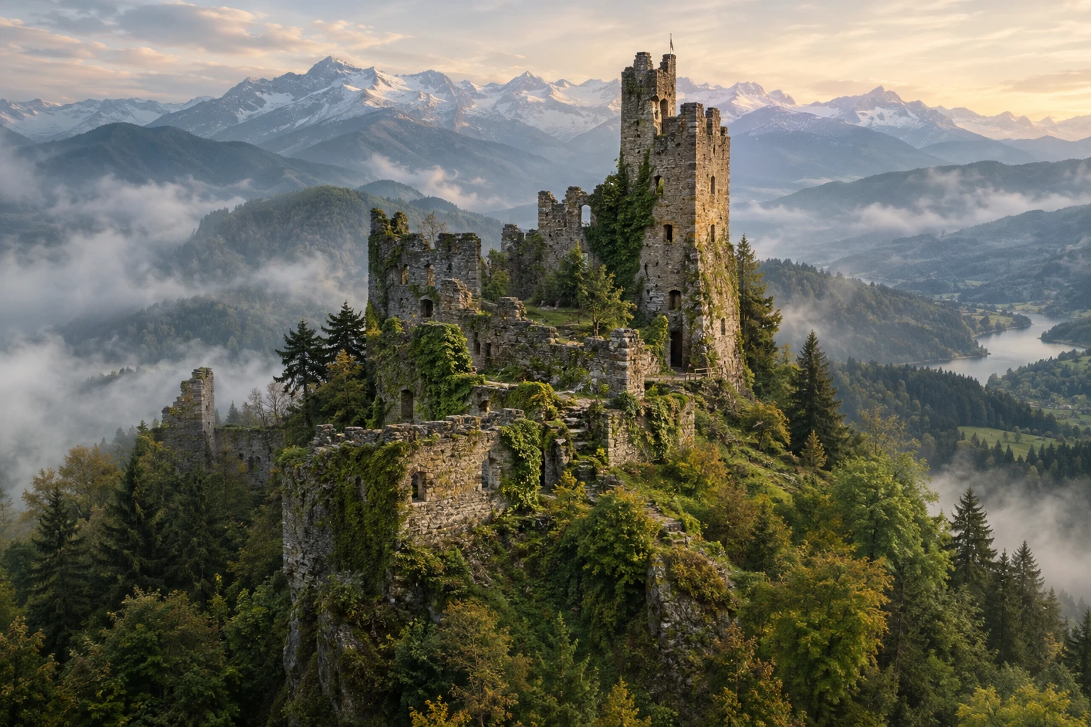 Las ruinas de un castillo medieval coronan una colina boscosa y envuelta en niebla