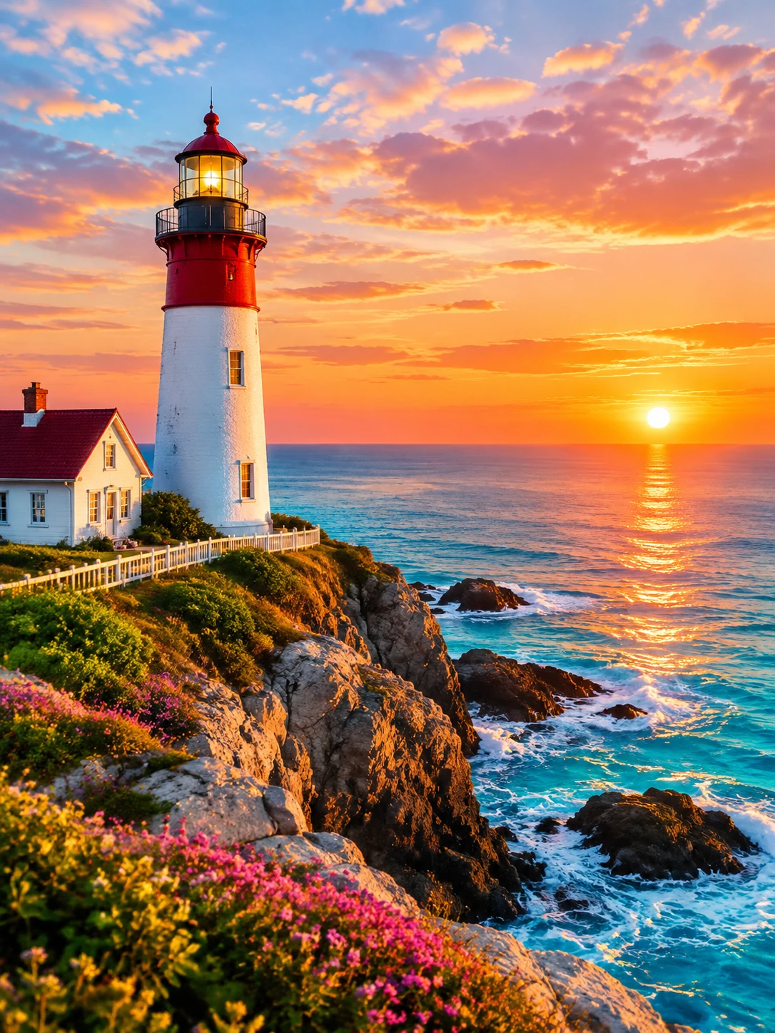 A lighthouse rises against a peaceful ocean at dawn