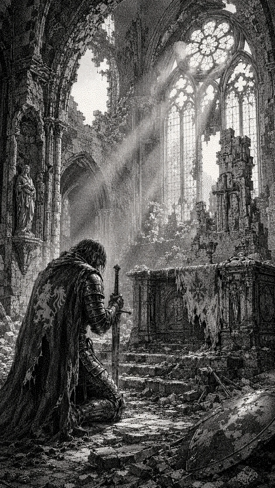 Ein vom Alter gezeichneter Ritter kniet vor einem zertrümmerten Altar in den Ruinen einer Kathedrale