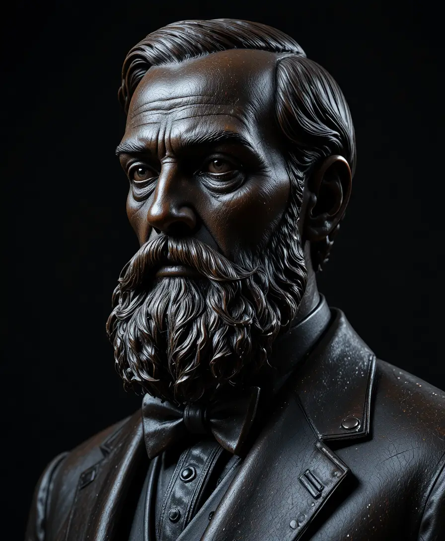 A bronze portrait bust of a bearded gentleman in formal attire