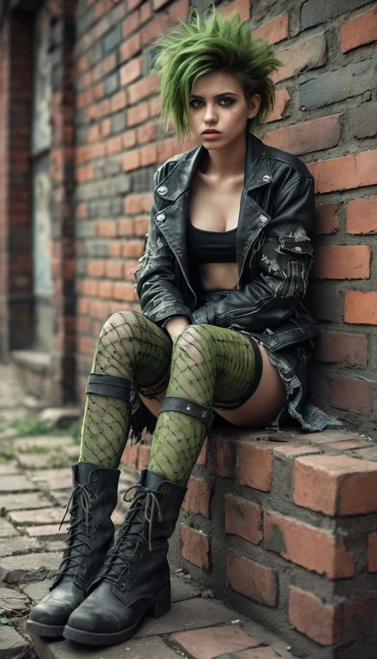 Uma jovem de pele verde sentada em um muro de tijolos coberto de grafite
