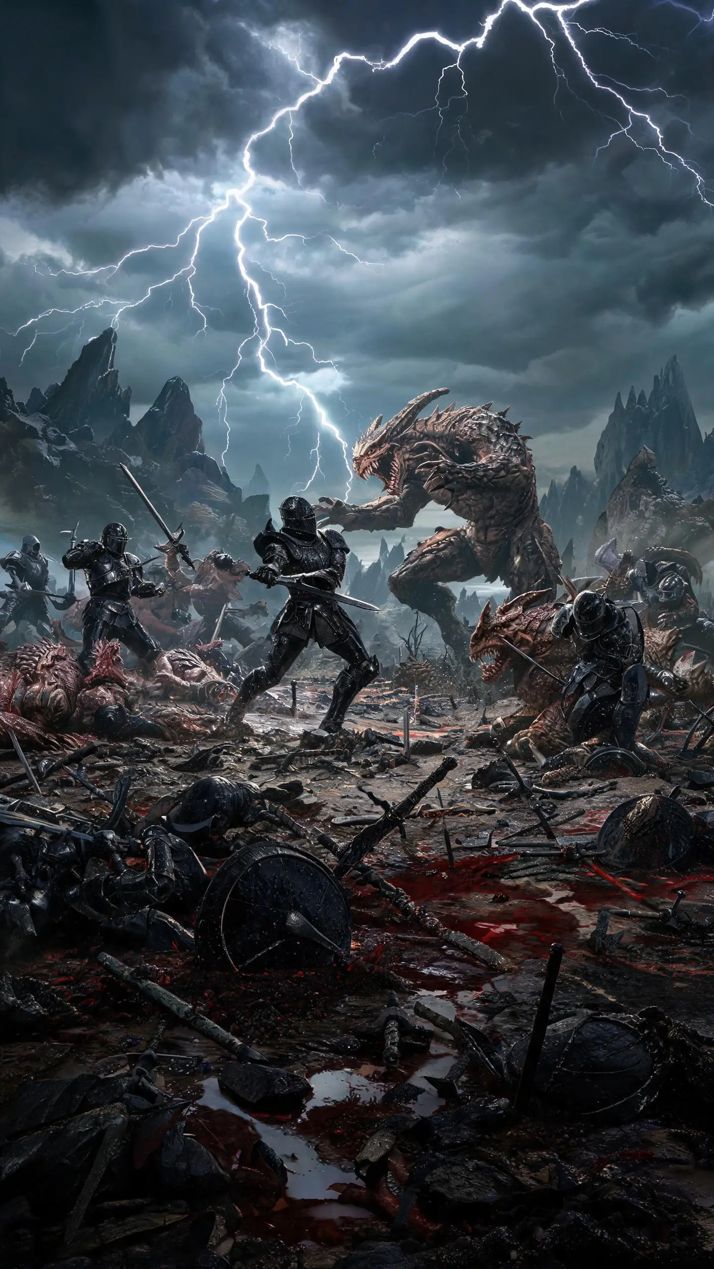 Armored knights battle monstrous beasts across a stormy mountain plain
