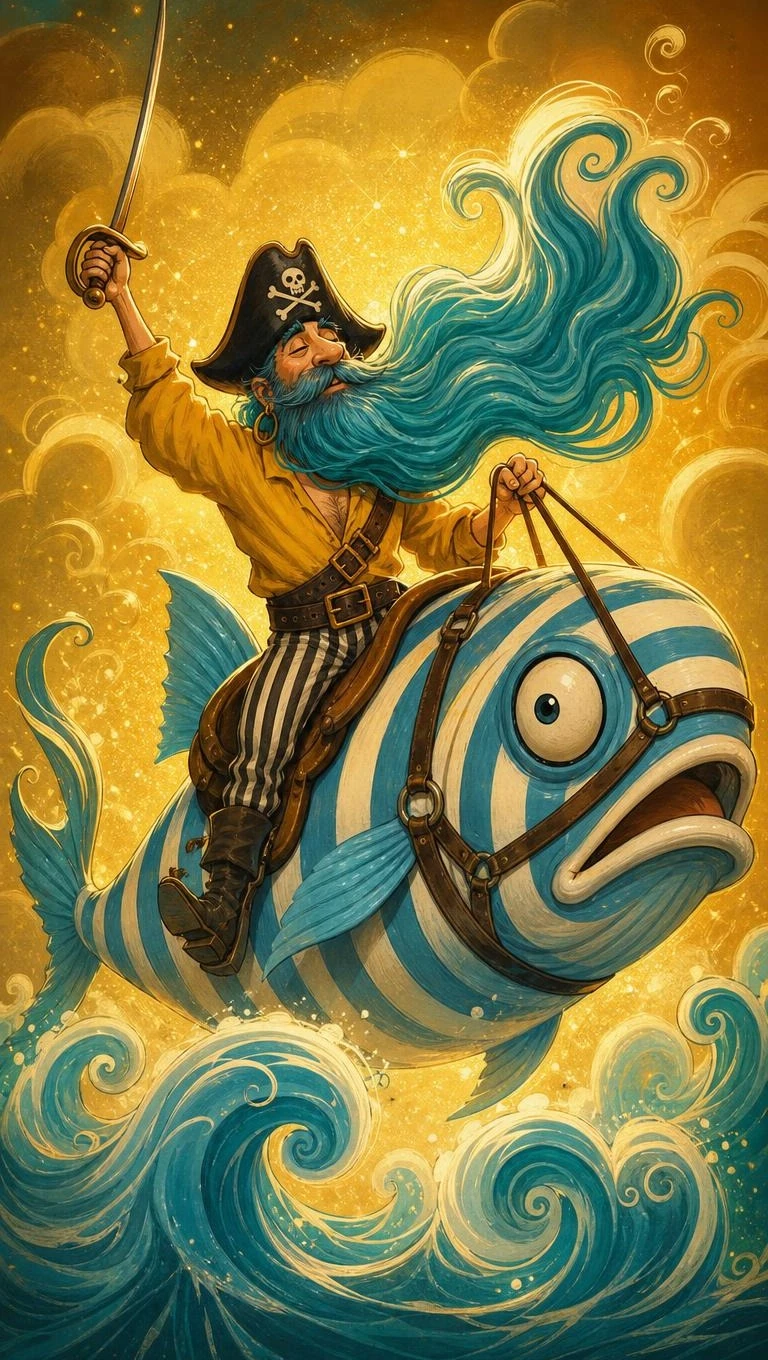 A pirate captain rides a giant striped fish through stylized waves